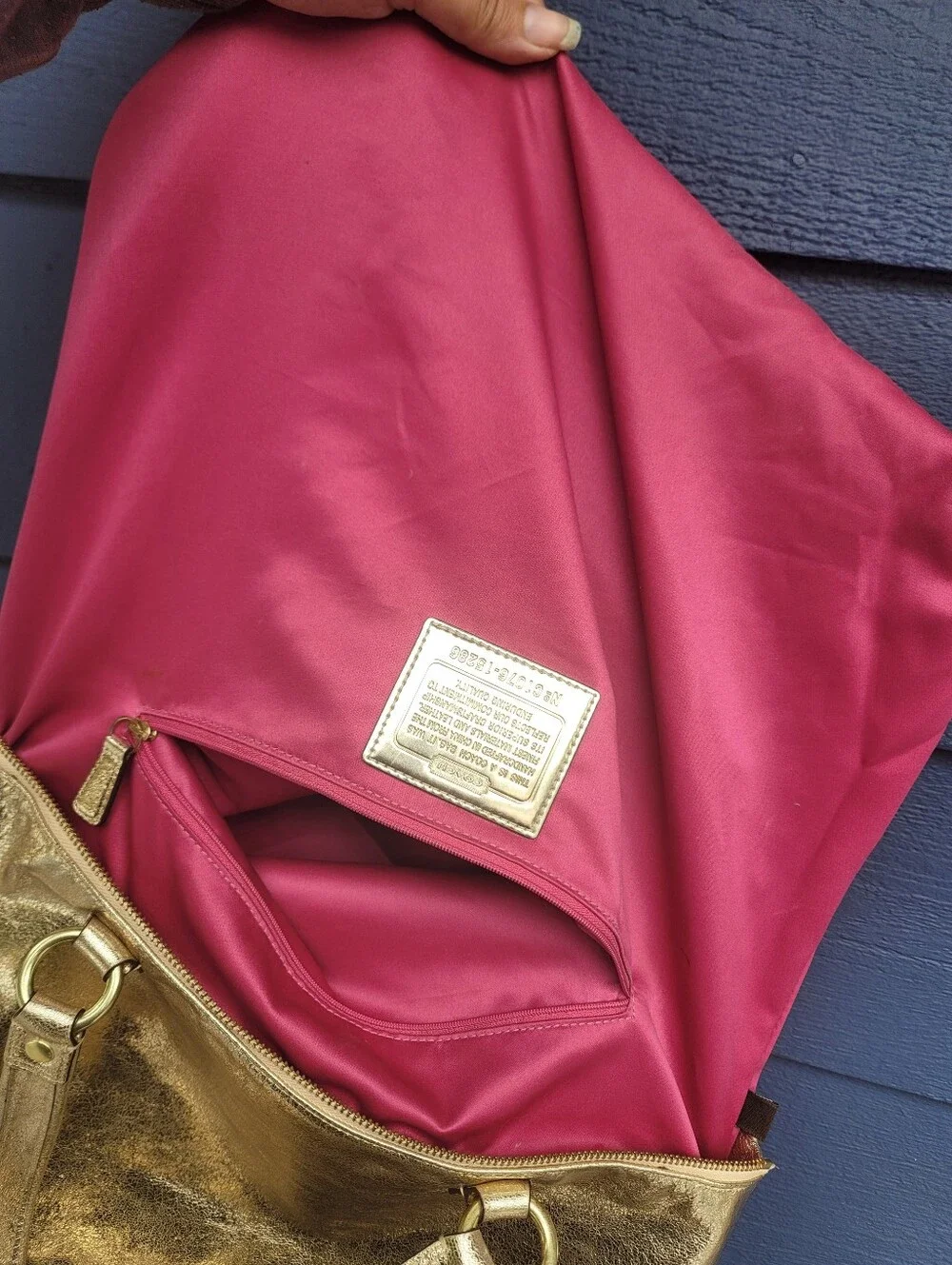 Coach Poppy Metallic Gold Leather Tote With Cursive Coach Charm